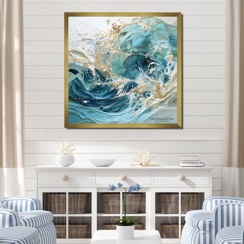 «Ocean Charm», art de vague liquide, H 36 po x l 36 po x P 1,5 po, Cadre doré simple