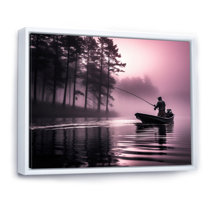 Fishing At The Lake I - Fishing Framed Canvas Print Hunting Wall Art, White Floater Framed, 16" H x 32" W x 1" D
