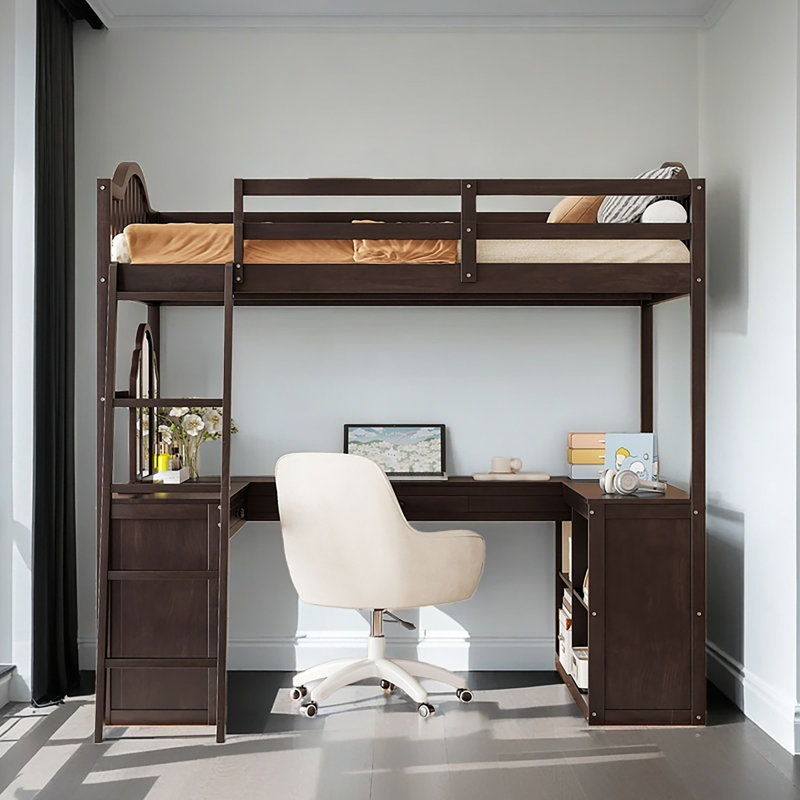 Lit mezzanine double en bois avec bureau en U, compartiments de rangement et miroir à trois volets, Espresso