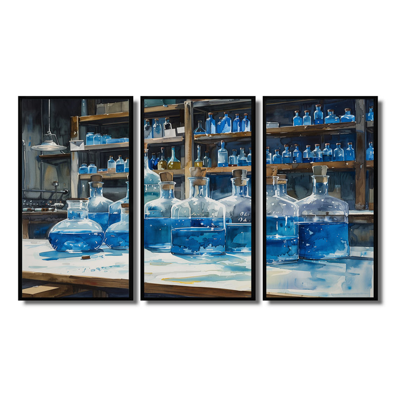 Laboratoire chimique, ensemble d'art mural, H 28 po x l 36 po x P 1 po, Toile avec cadre flottant noir