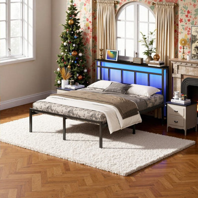Lit simple / double / grand lit avec tête de lit, base de lit en métal avec ports USB-C et éclairage DEL
