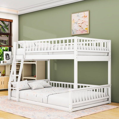 Full XL Over Queen Wood Bunk Bed With Ladder And Guardrails