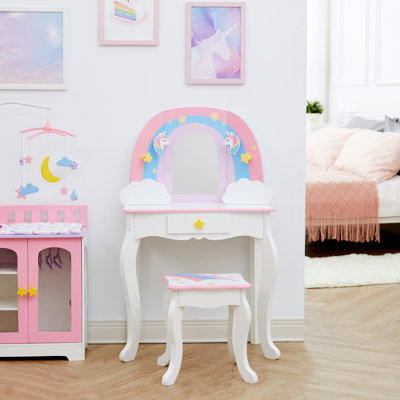  Ensemble de coiffeuse et tabouret avec miroir Rainbow Unicorn