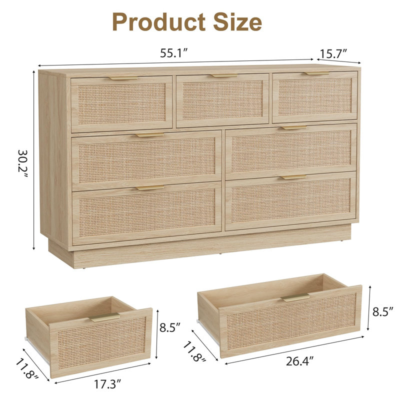 🌾 Commode à 7 tiroirs et meuble télé en rotin naturel - Armoire de rangement en bois clair avec pieds robustes et poignées en métal - Assemblage facile, parfait pour la chambre à coucher ou le vestibule! ✨