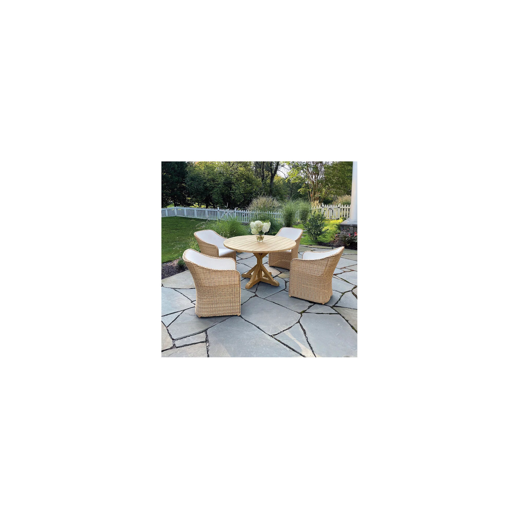 Teak and Wicker Patio Dining Set, 50" Diameter