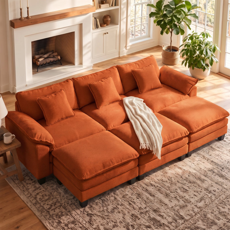 Canapé modulaire en forme de U de 120 po de largeur avec siège profond, orange, Orange Corduroy