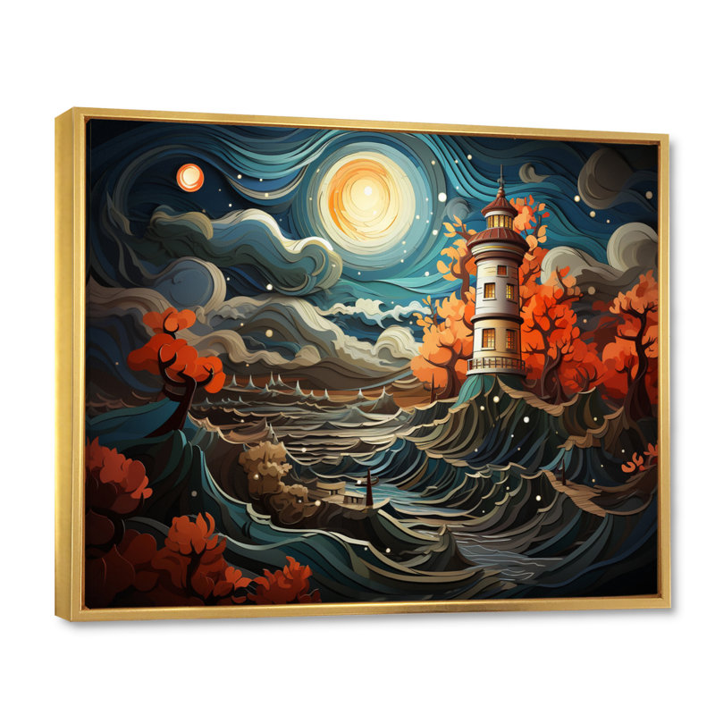 Bord de mer majestueux phare IV, reproduction d'art sur toile, Cadre flottant doré, H 34 po x l 44 po x P 1,5 po