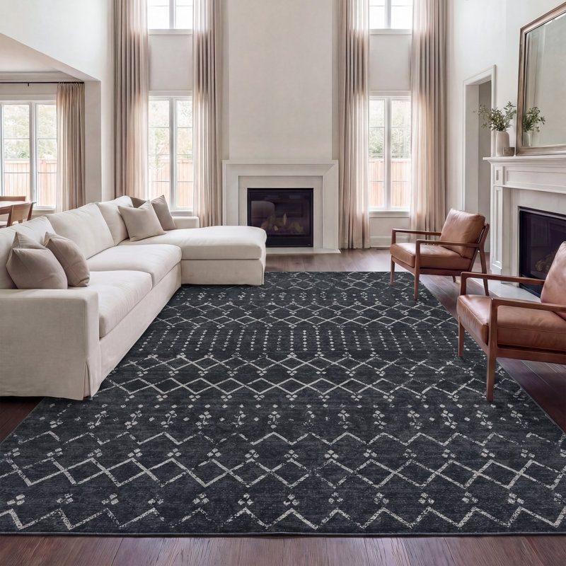 Leila Moroccan Diamond Trellis Machine-Washable Rug, Dark Gray/Ivory, Rectangle 3' x 5'