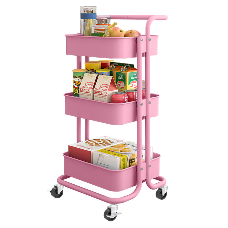 Chariot de cuisine multifonctionnel à 3 niveaux avec poignée , Rose
