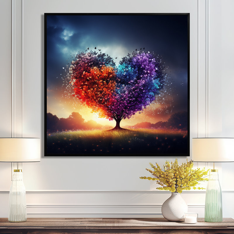 «Blossoming Heart Tree Magical Sunset», reproduction d'art abstrait, salon, Toile avec cadre flottant noir
