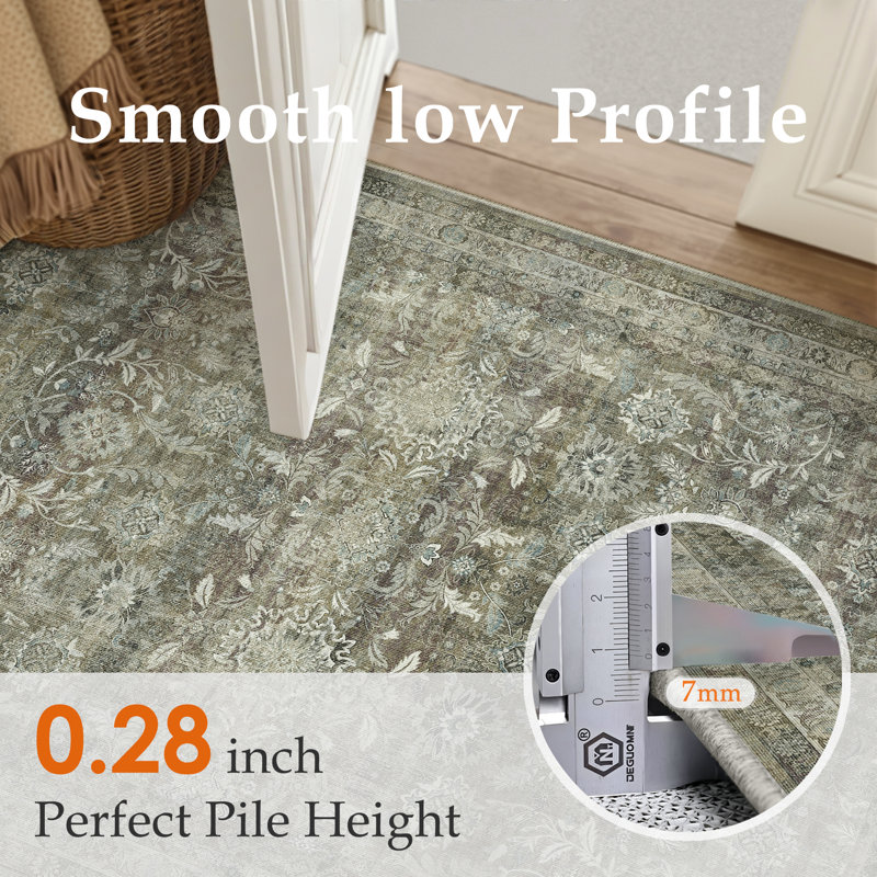 Tapis Amber Vintage à motif intégral lavable avec envers antidérapant, Rectangle 5 pi x 7 pi
