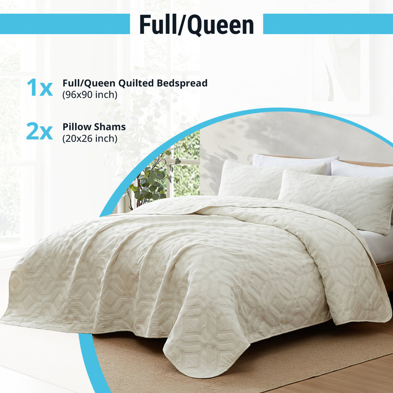 HLC.ME Logan - 3 Piece Quilt Set, Lightweight Bedspread Coverlet Set, Queen Quilt + 2 Standard Shams, Beige