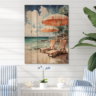 Fauteuil de plage rétro paysage II - impression nautique et de plage sur bois de pin naturel