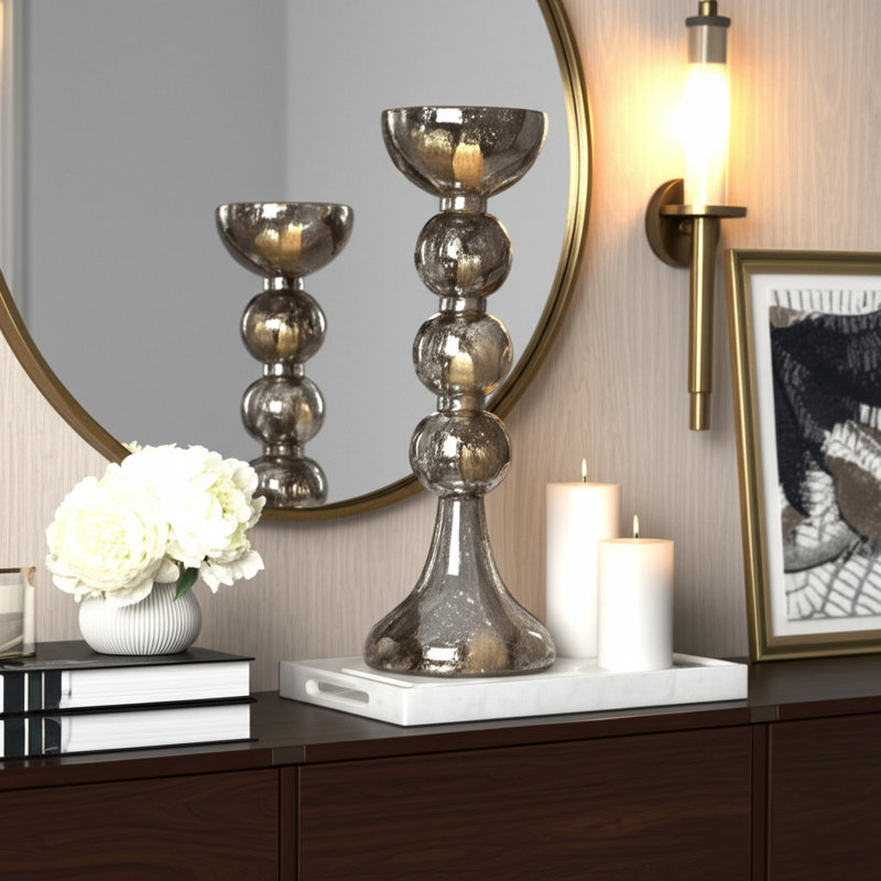 Elegant Sculptural Glass Candle Holder with Glam Design and Decorative Taper Silhouette, Gold, 18" H x 7" W x 7" D