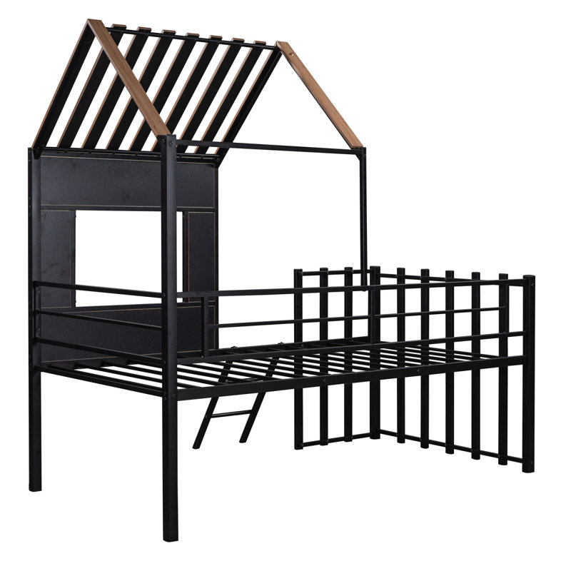 Metal  Loft Bed With Roofwindowguardrailladder