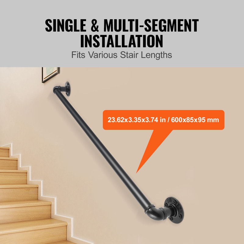 Tuyau d'escalier main courante 3 pièces en acier au carbone rond noir, H 3,15 po x l 21,66 po x P 4,34 po