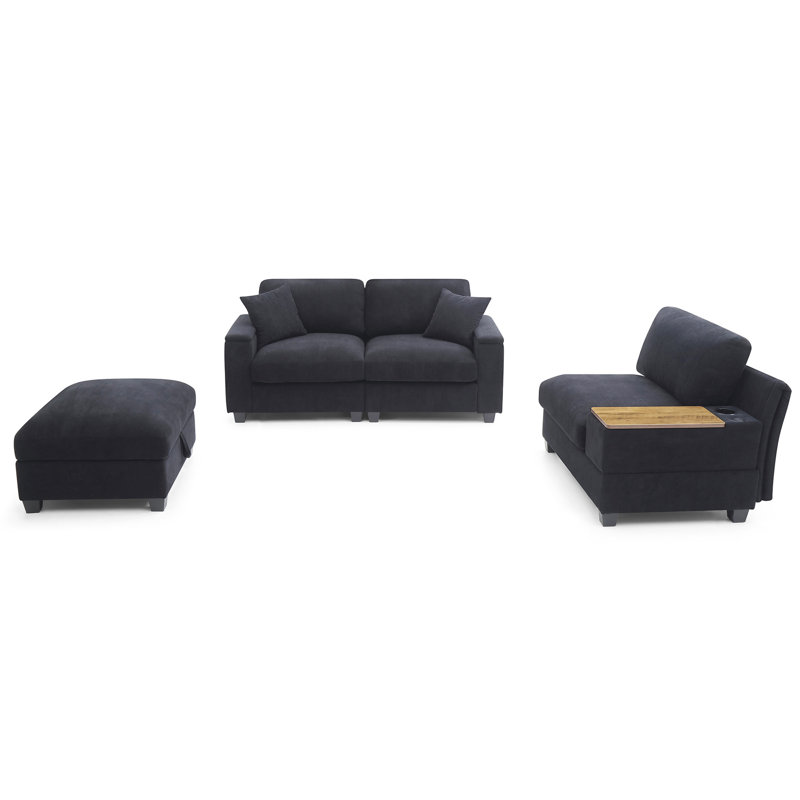 Comfy 120,3 po en forme de L avec plateau pivotant à 360 degrés, porte-gobelets, ports, compartiments d'accoudoirs, 5 sièges, style moderne, velours pour les grands salons, rangement caché, large et doux