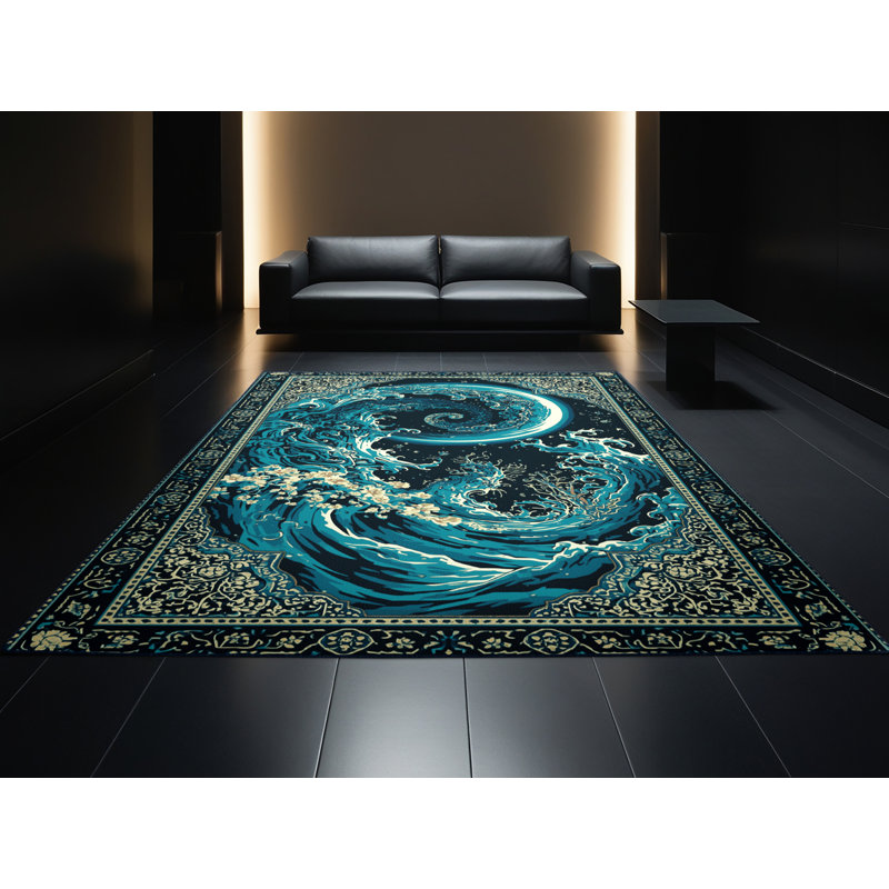 Machine Washable Chaplin Alien Ocean Planet Traditional Oriental Rug in Blue – Navy Binding, 7 x 9