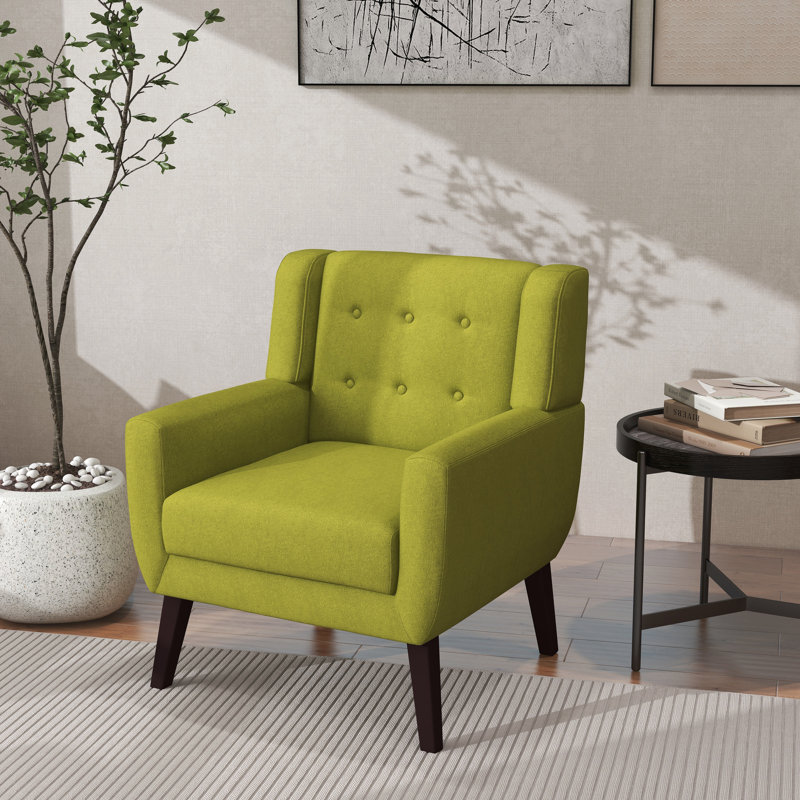 Jaqueze Upholstered Green Linen Blend Tufted Wide Back Armchair with Solid Wood Leg, Green Performance Linen Blend