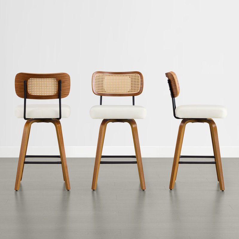 Upholstered Swivel Counter Stool with Walnut Bentwood Frame, White, 3