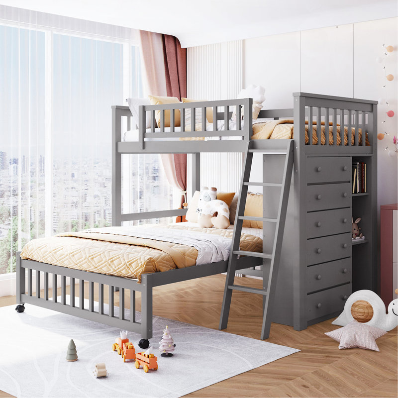 Lit superposé simple au-dessus d'un lit double en bois avec six tiroirs et tablettes flexibles, lit inférieur à roulettes, gris