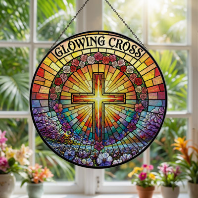 12"H Glowing Cross Stained Glass Window Panel