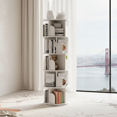 Modern 5-Tier Rotating Bookshelf Tower, 360° Spinning Display With Wheels