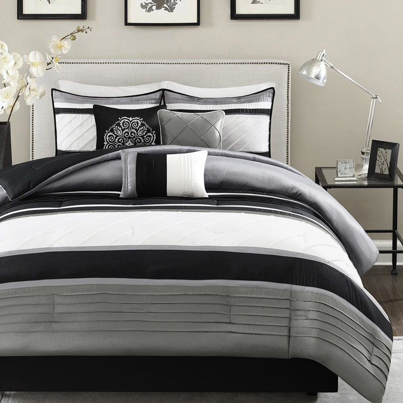 Édredon gris très grand 7 pièces, design luxueux, taille literie grise, pièces, rembourré et élégant, Gris/blanc/noir