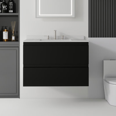 Meuble-lavabo suspendu de 76 cm (30 pouces) avec lavabo en céramique, armoire en contreplaqué, tiroirs à fermeture amortie, comptoir et dosseret en marbre reconstitué blanc granit, noir
