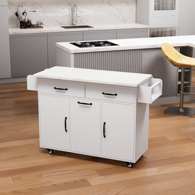 White Kitchen Island With Trash Can Storage, Kitchen Cart With Leaf Drop, Spice Rack, Towel Rack And Drawers, Rolling Kitchen Island With Adjustable Shelves On Wheels