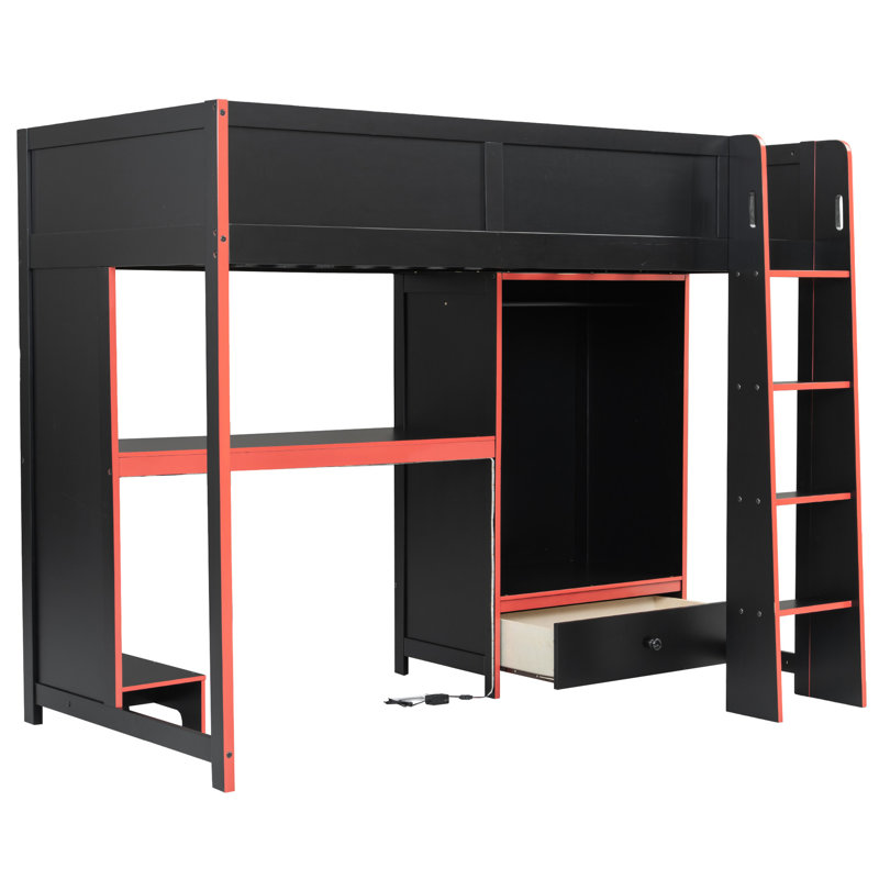 Lit mezzanine de jeu double en bois avec bureau intégré, armoire, éclairage DEL et tiroir - Multifonctionnel et fonctionnel pour les jeunes joueurs