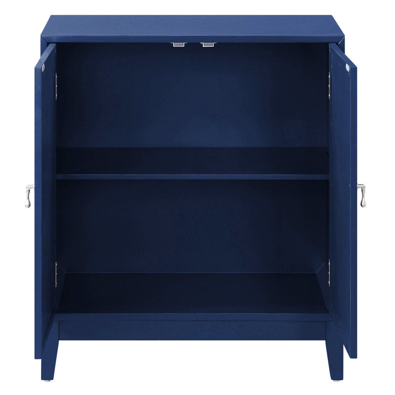 Console bleue à 2 portes - Design avec portes géométriques en miroir. Grand espace de rangement pour tous les espaces. Extérieur en bois et miroir. Intérieur élégant.
