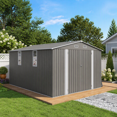 10x12FT Large Metal Outdoor Storage Shed with Double Doors and Translucent Windows, Waterproof and Durable for Backyard Organization