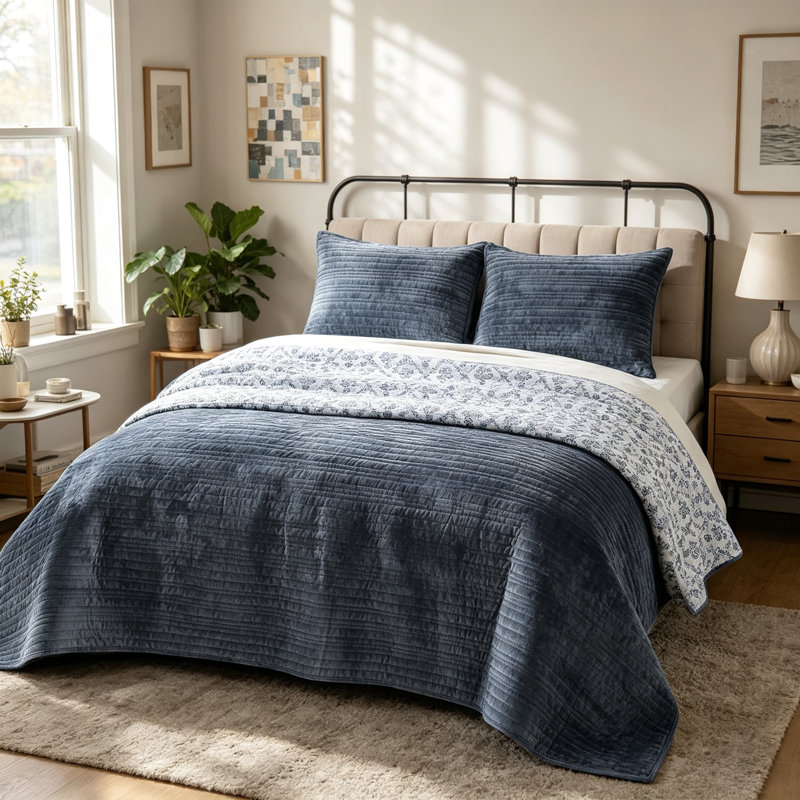 Ensemble de couette réversible en velours bleu, taille king, King, Slate Blue