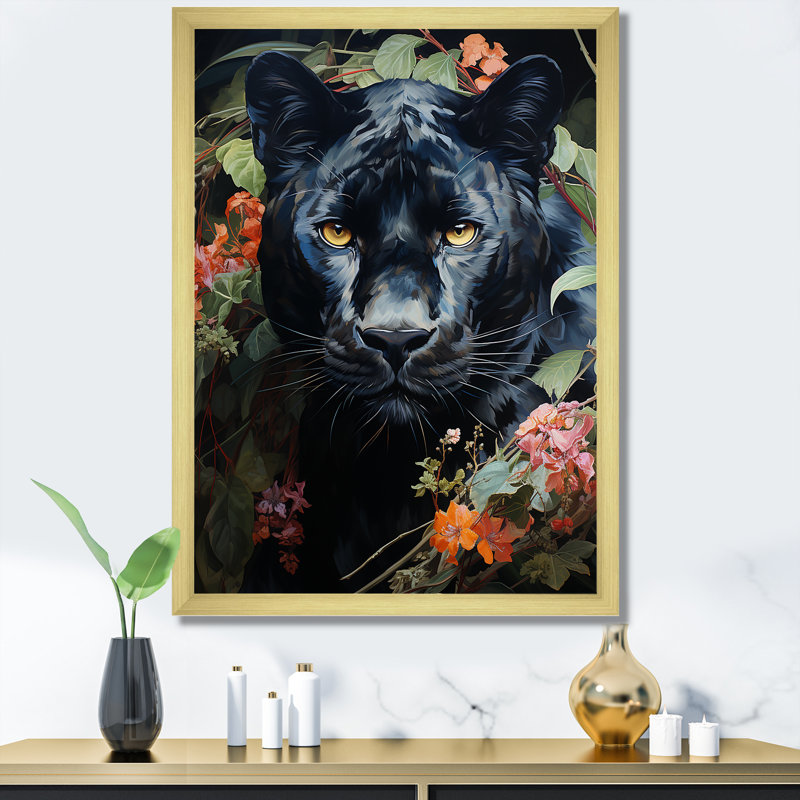 Enchanted Panther Jungle Realm - art mural de panthère, Cadre doré simple, H 44 po x l 34 po x P 1,5 po