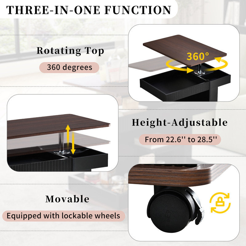 Adjustable Lift-Top End Table with Wheels, 360° Rotating Side Table with Storage f, Black;Brown