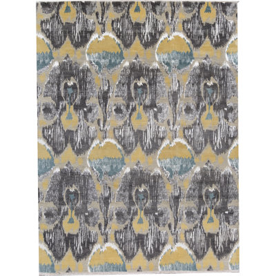 Wool Damask Area Rug in Dark Gray/Yellow
