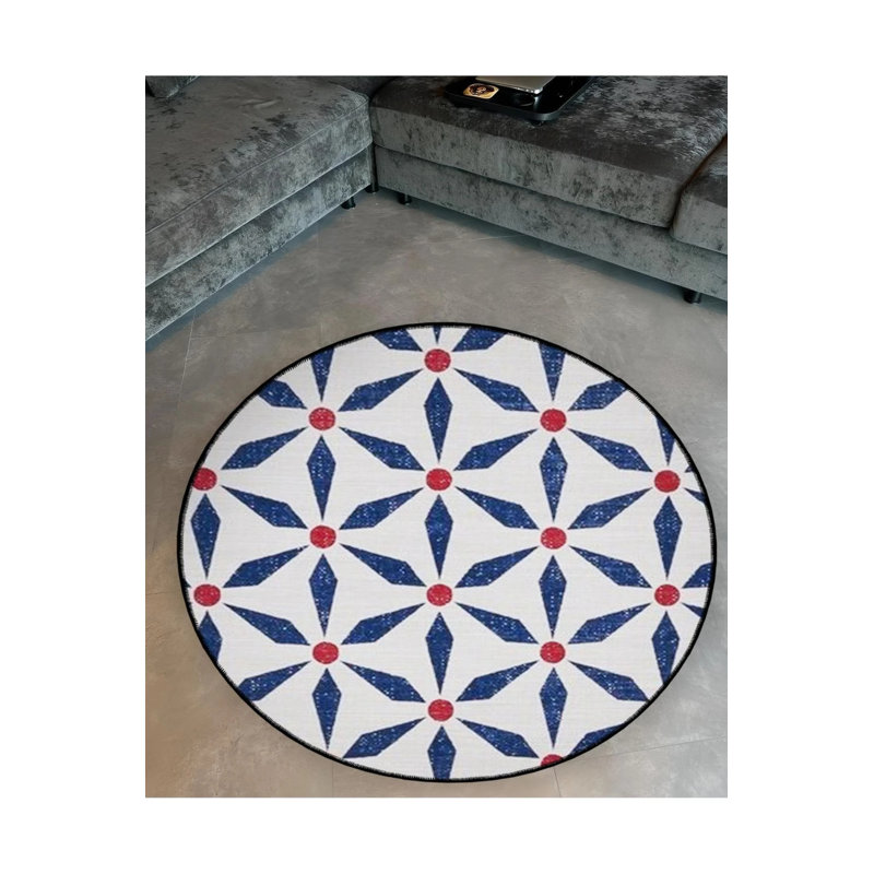 White Blue Geometric Patterned Round Woven Base Modern Decorative Carpet, Round 2'8"