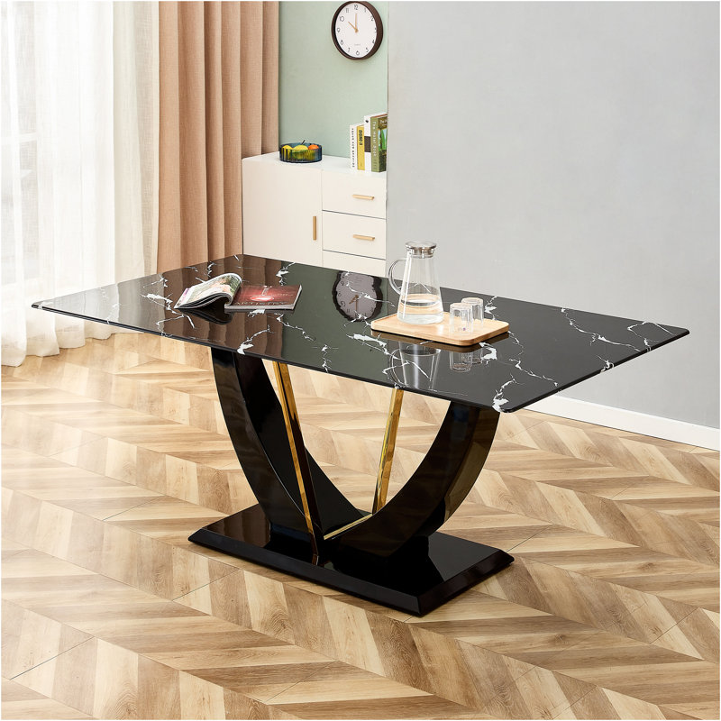 Table de salle à manger moderne, minimaliste et luxueuse imitation marbre noir, bureau rectangulaire, bureau de jeu, bureau, pour la salle à manger, le salon, la terrasse, la cuisine F-907