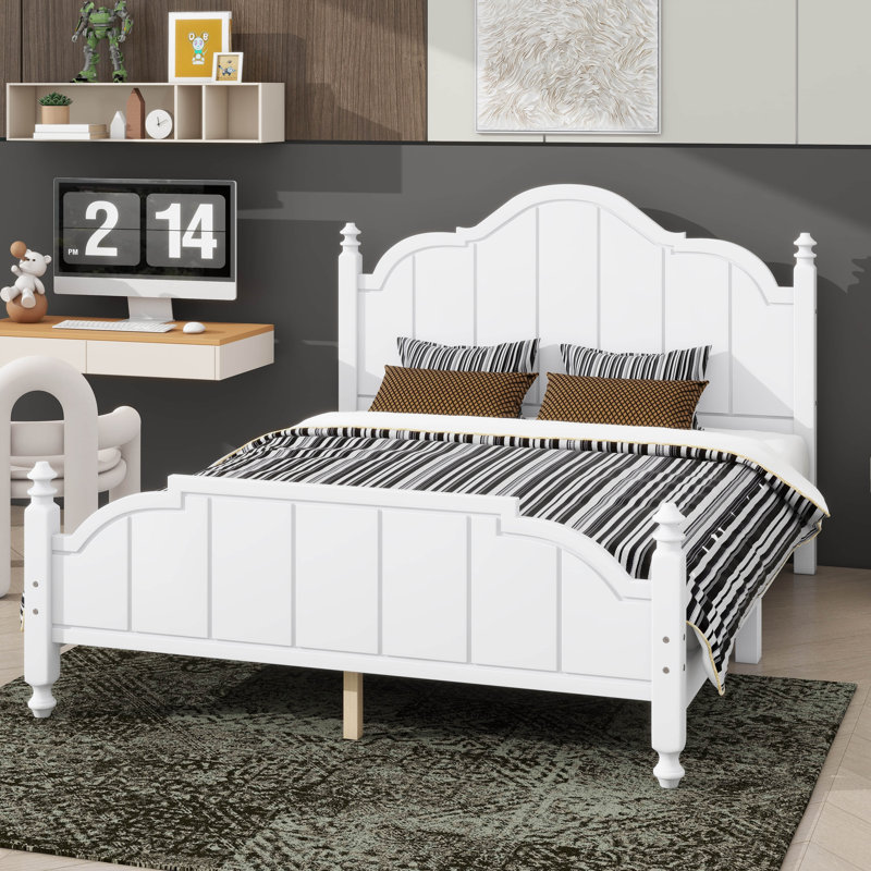 Structure de lit grand avec tête de lit intégrée, structure de lit en bois classique avec système de lattes, Blanc, Grand lit