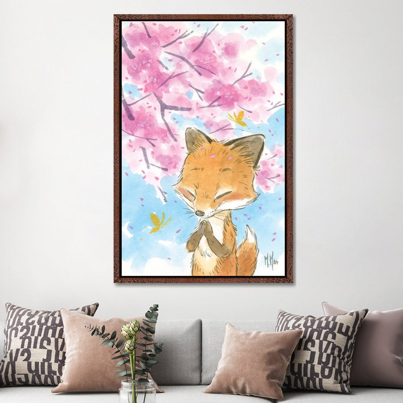 Cherry Blossom Fox by Martin Hsu - Painting on Canvas, Classic Brown Wood Framed, 152.5 cm H x 101.5 cm W