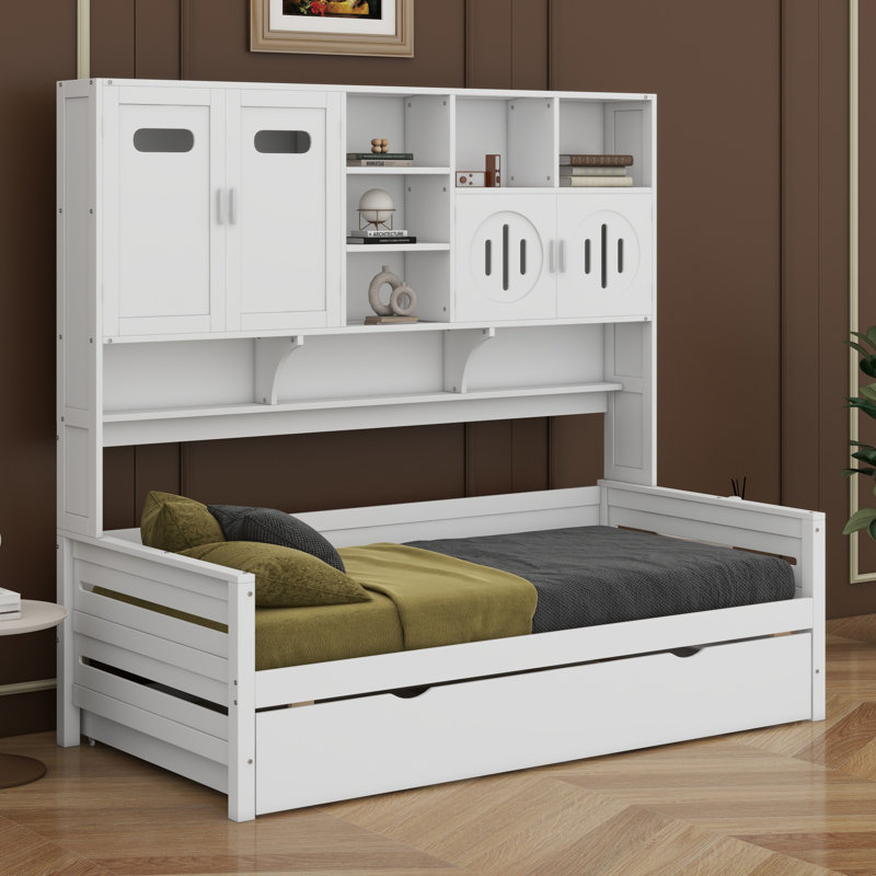 Lit de jour avec lit gigogne, armoire et tablette tout-en-un, blanc