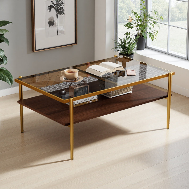 Table basse rectangulaire avec plateau et pieds en verre trempé, table moderne pour le salon, Doré