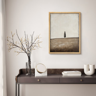 Art mural encadré arbre minimal dans un champ, impression de paysage moderne aux tons neutres pour un décor minimaliste ou scandinave