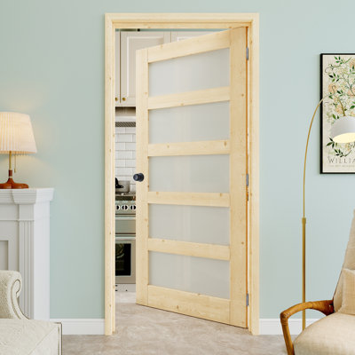Porte pré-suspendue intérieure en bois de pin et verre givré 32 po x 80 po 5-Lite-Lite avec bouton rond et charnières argentées, dalle de porte d'intimité en verre, à peindre et imperméable, combinaison pour la lessive, portes de placard, portes de pièce, droite
