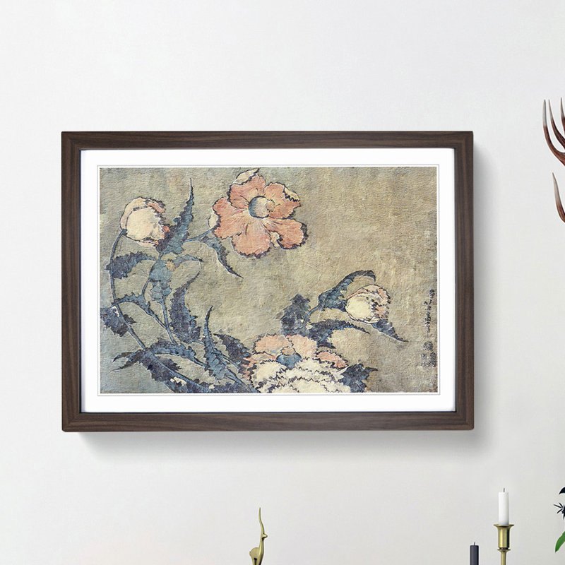 Poppies in the Wind by Katsushika Hokusai - Picture Frame Painting Print, 27cm H x 36cm W x 2cm D, Walnut Framed