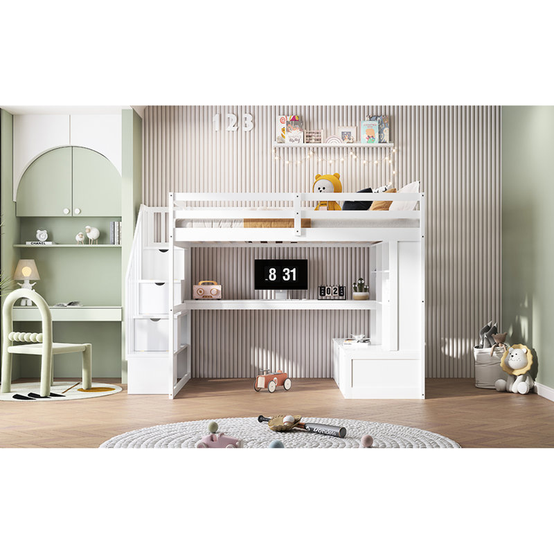 Lit mezzanine double blanc avec bureau, tablettes, deux tiroirs et escalier de rangement robuste et polyvalent