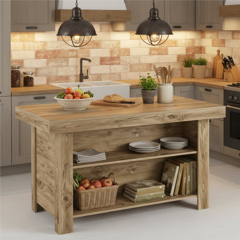 Farmhouse Kitchen Island With Storage Shelves, 55 Inch Island Table With Large Countertop, Oak