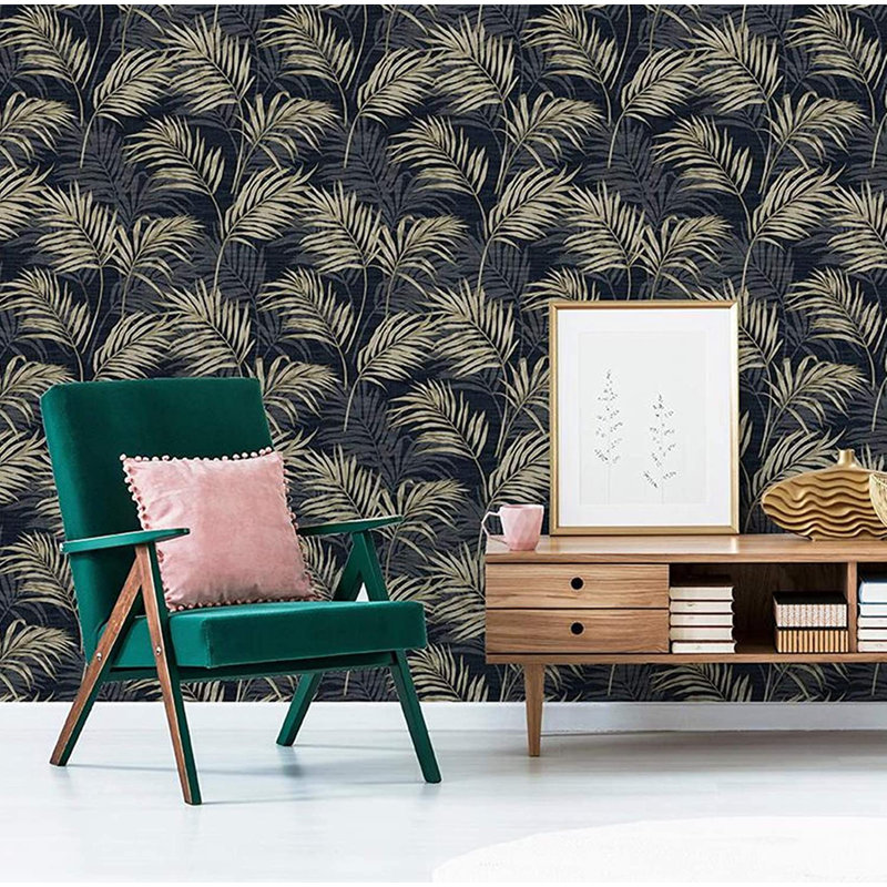 Lounge Palm 10.05m x 53cm Textured Matte Wallpaper Roll, Black/Gold