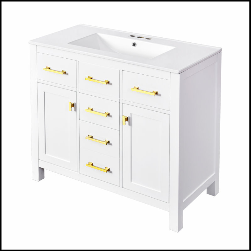 Meuble-lavabo autoportant moderne 36 po avec lavabo en céramique, 4 tiroirs et 2 armoires pour un rangement efficace et un design élégant